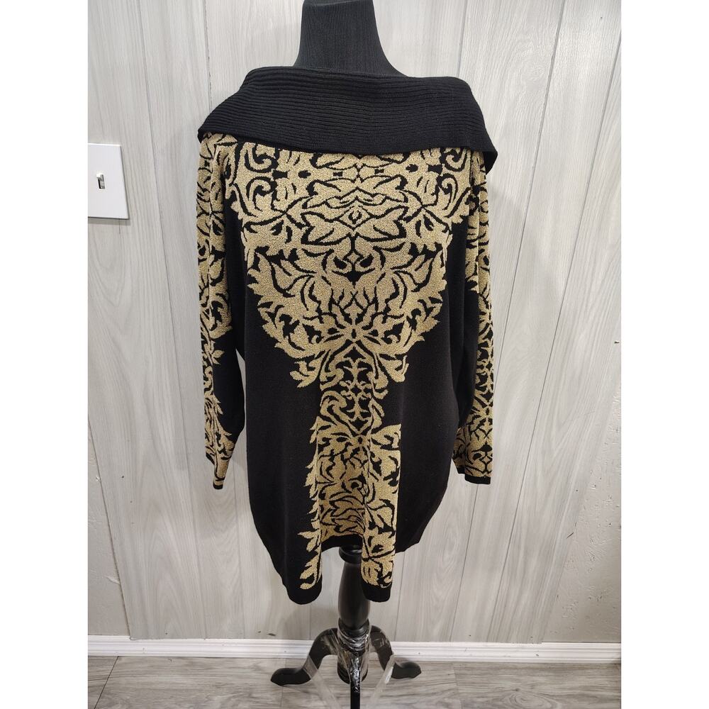 INC International Concepts Cowl Neck Black LS Sweater Gold Embroidery 2X Classy